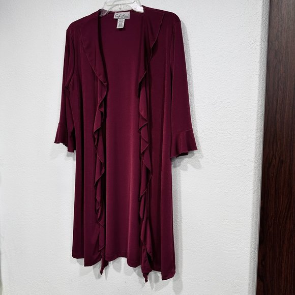 Carolyn Strauss Open Front Duster Knee Length Stretch Ruffled Raspberry Size Med - Picture 4 of 8